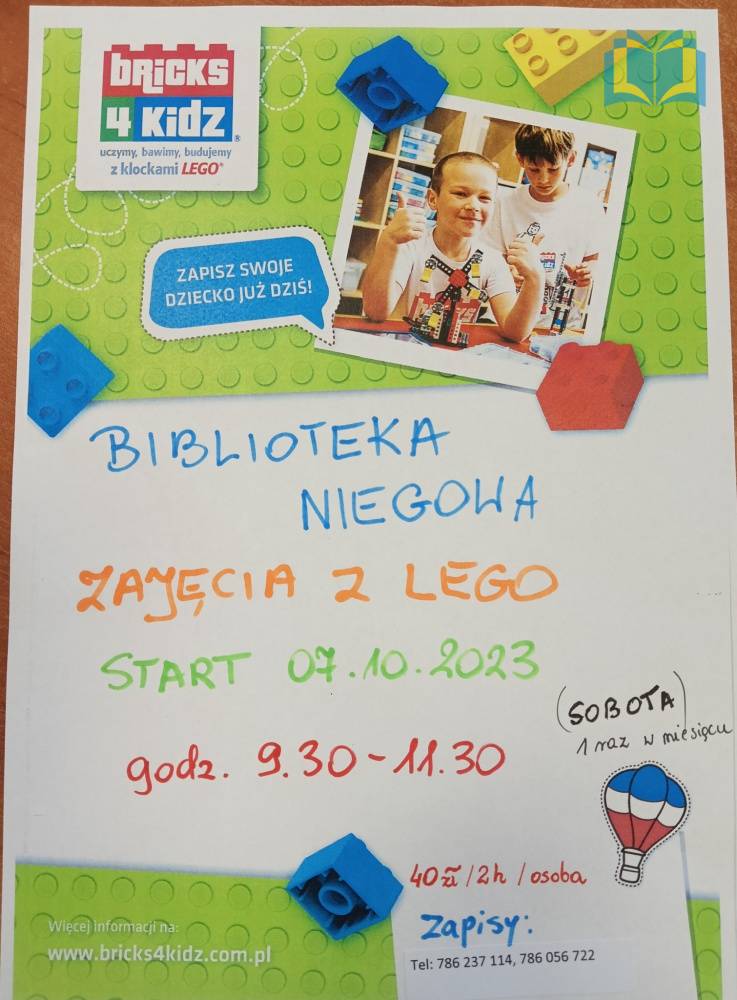 Zdjęcie: Plakat zapraszający na zajęcia z Lego Robotyki. Miejsce Biblioteka w Niegowie, każda I sobota miesiąca. Start 7 października. Godziny 9:30-11:30. Koszt 40 zł osoba za 2 godziny.